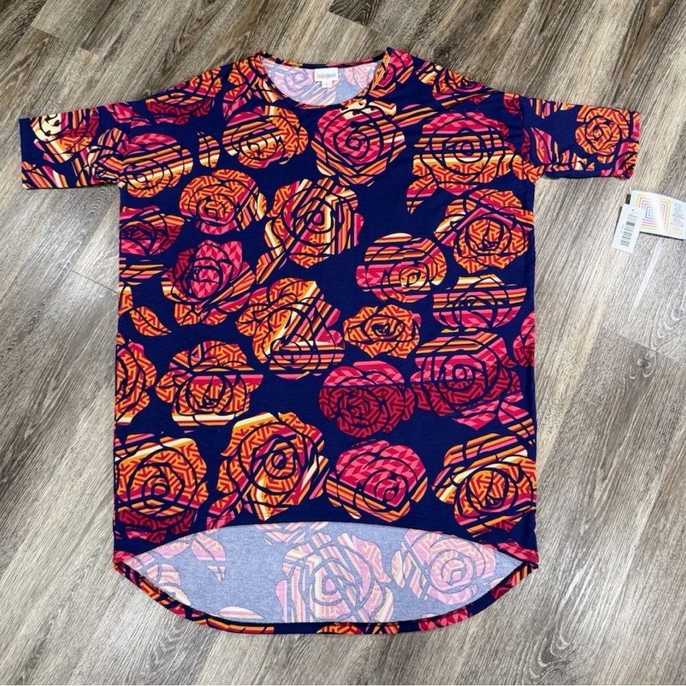Lularoe Blouse sz:S Hi Lo Tunic Irma Navy - Pink/Orange Roses Floral Relaxed NEW